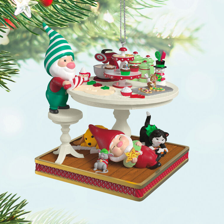 Gnome rolls cookie dough on baking table with hamster and tools, while animals play beneath in this Hallmark Keepsake ornament.