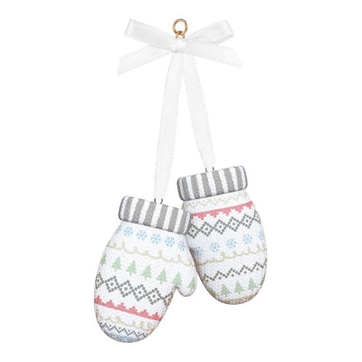 Porcelain Christmas ornament with pair of colorful knit mittens and “Our First Christmas Together 2025” message

