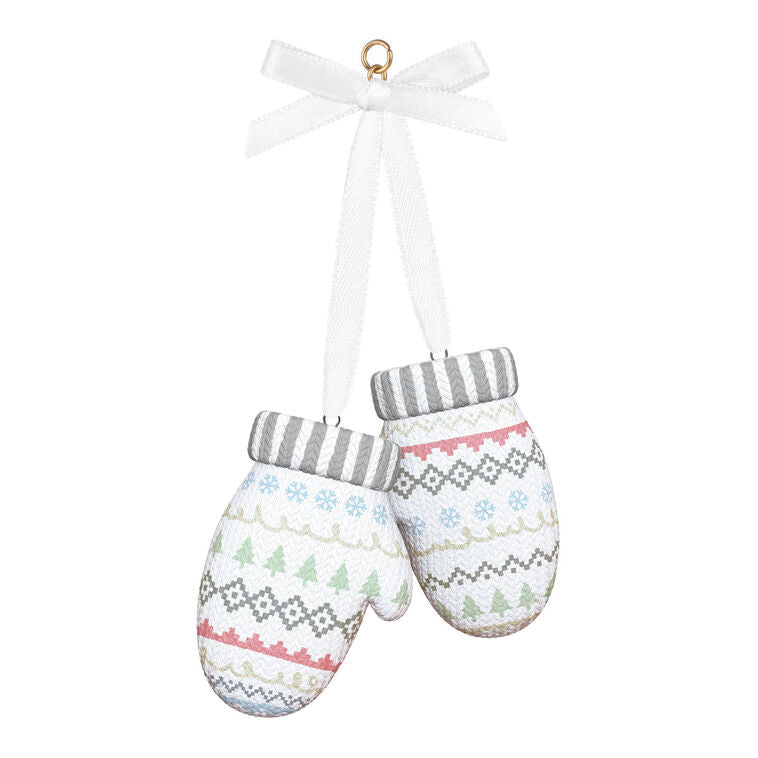 Porcelain Christmas ornament with pair of colorful knit mittens and “Our First Christmas Together 2025” message

