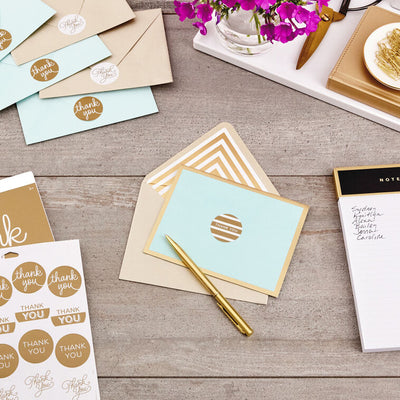 Gold foil thank-you sticker seals in assorted designs, includes 10 sheets of self-adhesive stickers.