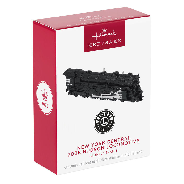 Mini New York Central 700E Hudson locomotive ornament, black die-cast metal train with turning wheels, Hallmark Lionel Trains collectible
