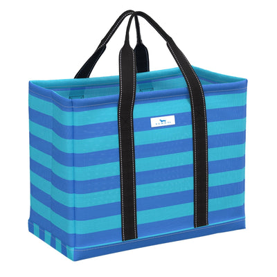 SCOUT Woven Tote Large Roadtripper in French Blue and Pool with breathable basket weave and sturdy removable bottom panel.