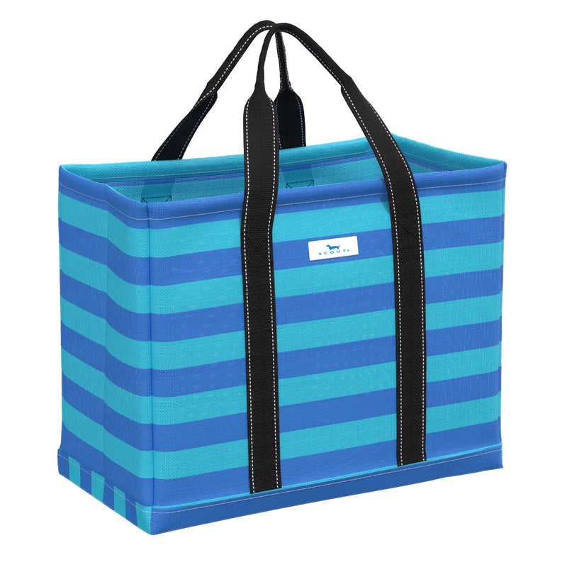 SCOUT Woven Tote Large Roadtripper in French Blue and Pool with breathable basket weave and sturdy removable bottom panel.