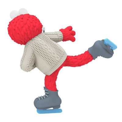 Elmo from Sesame Street ice-skating in a white cable-knit sweater, Hallmark Keepsake ornament, Christmas tree decoration for kids and fans.