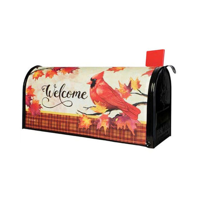 Mailbox cover with red cardinal on branch with berries and fall leaves. Wood design