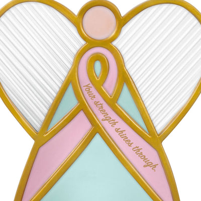 Pink ribbon angel ornament—Hallmark glass angel with gold outlines and pink breast cancer awareness ribbon, benefits Susan G. Komen®