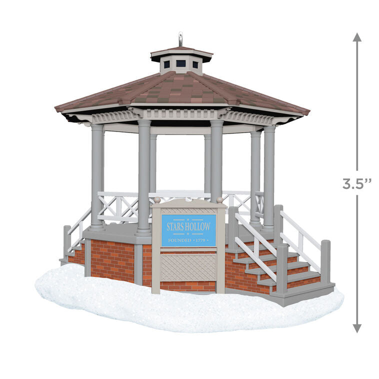 Stars Hollow gazebo ornament, Gilmore Girls TV show, musical, Hallmark Keepsake, Christmas tree decoration, snowy town square collectible.