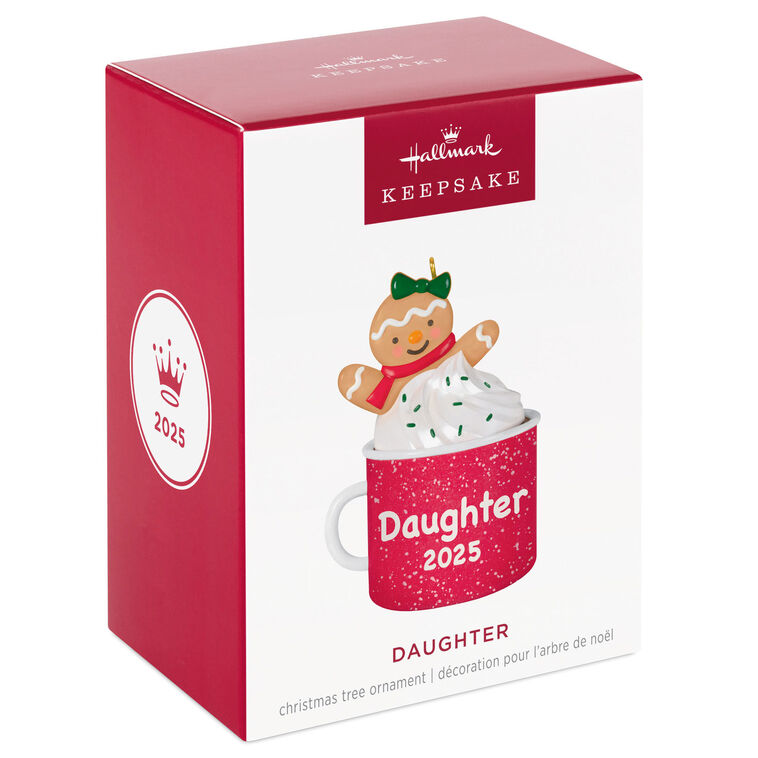 2025 Christmas ornament of gingerbread daughter cookie in red mug with whipped cream, festive holiday design

