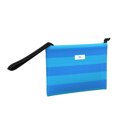 SCOUT Cabana Clutch wristlet in French Blue and Pool, open weave, water-resistant fabric with wide loop handle and zippered closure.