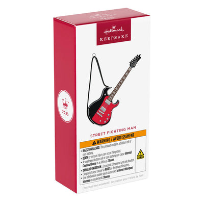 Red and black electric guitar Christmas ornament that plays “Street Fighting Man” by The Rolling Stones, battery operated

