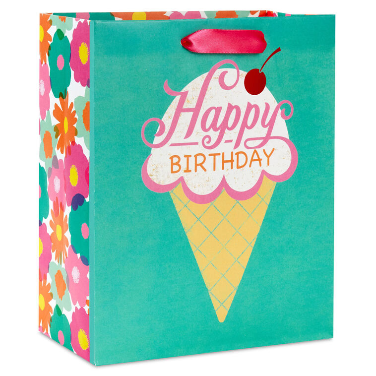 Hallmark birthday gift bag with colorful ice cream cone design, whimsical font, and red foil cherry on green background.