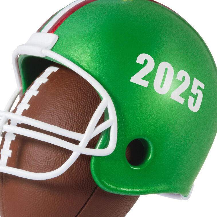 Christmas ornament with red-green football helmet on a football, year-dated 2025 for football players and coaches

