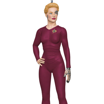 Mini Seven of Nine ornament in maroon suit with visible Borg implants, Hallmark Keepsake Star Trek Voyager Christmas collectible