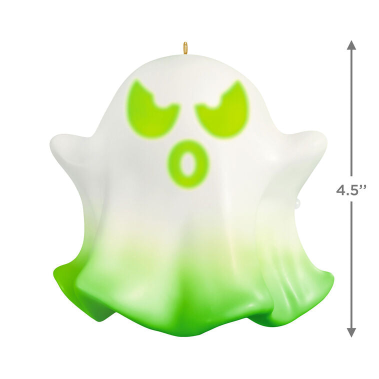Animated ghost Halloween ornament with light, sound, and spooky phrases, compatible with Hallmark power cord