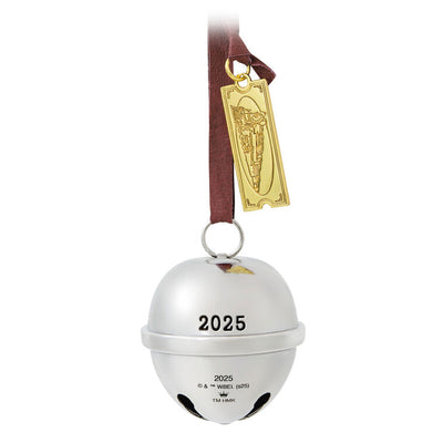 Shiny metal sleigh bell Christmas ornament from The Polar Express with gold ticket tag, faux leather hanger, and commemorative 2025 date.
