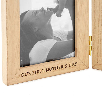 Light wood two-sided photo frame for a first Mother's Day, holds two 4x6 vertical photos with etched caption and sentiment.

