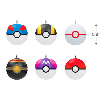 Set of six mini Pokémon Poké Ball ornaments including Poké, Great, Ultra, Master, Premiere, and Luxury Balls, for tabletop tree or display.