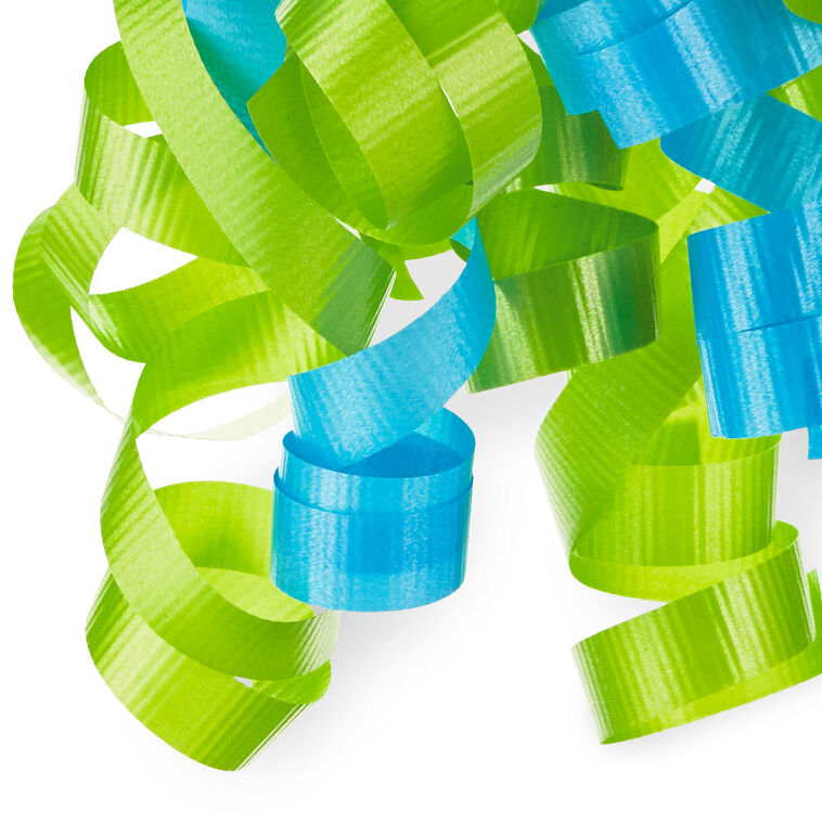 Hallmark gift bow with aqua and light green crimped curls for vibrant gift wrapping.