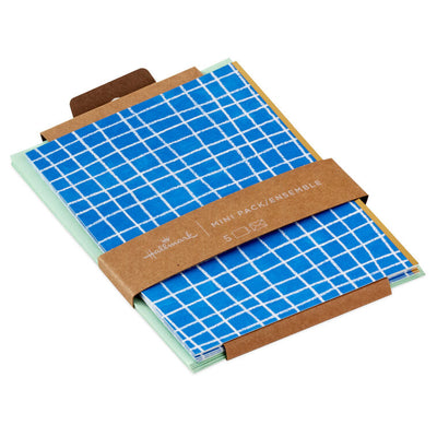 Set of 5 Hallmark mini blank note cards with white windowpane grid design on a vibrant blue background, gold foil accents, and matching envelopes.
