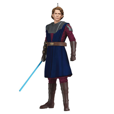Mini Anakin Skywalker ornament in blue and burgundy Jedi armor holding blue lightsaber, Hallmark Star Wars Ahsoka Christmas collectible