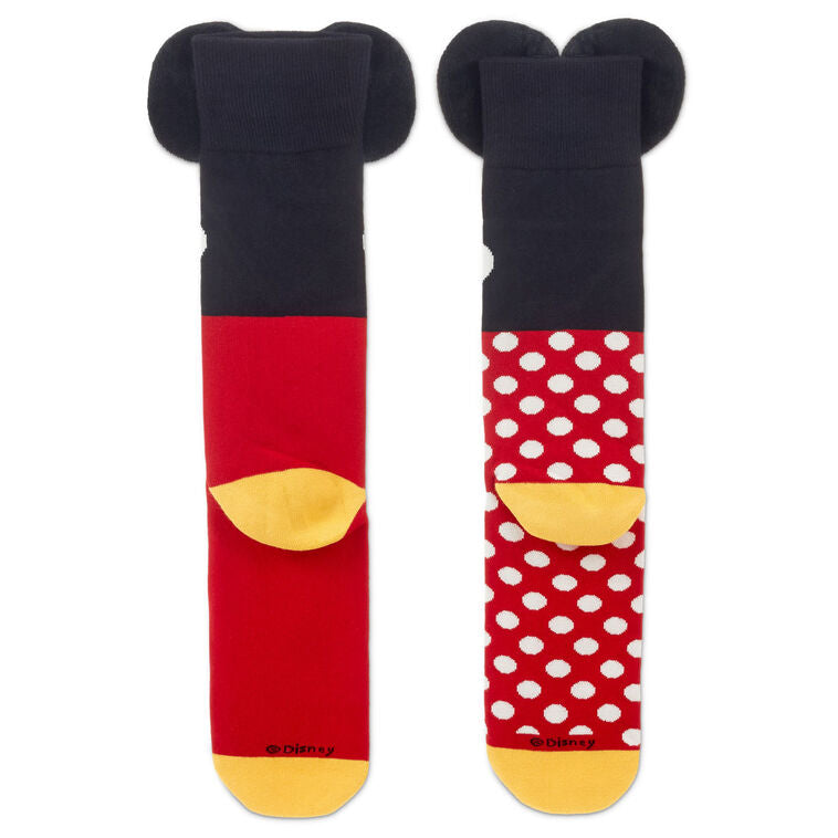 Disney Mickey and Minnie Mouse novelty socks with 3D ears and bow; mismatched crew socks make a fun gift for Disney fans.