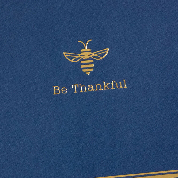 Navy blue thank you cards with gold foil bee illustration and message be thankful, includes 10 blank cards and white envelopes