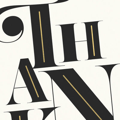 Modern black and white thank-you cards with bold uppercase lettering and gold foil details.
