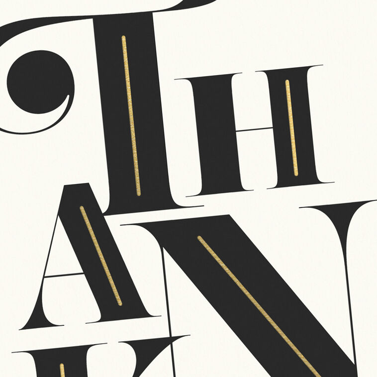 Modern black and white thank-you cards with bold uppercase lettering and gold foil details.
