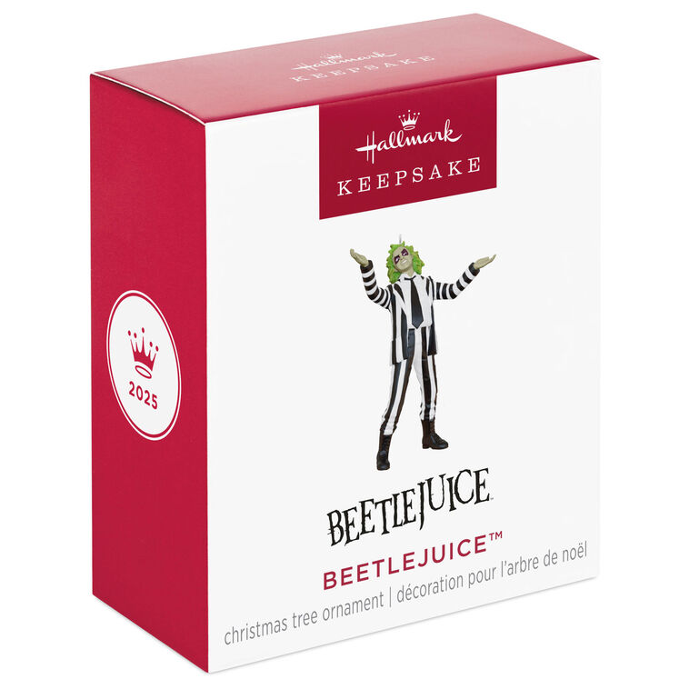 Mini Beetlejuice ornament with wild green hair and black-and-white striped suit, arms raised in playful pose.