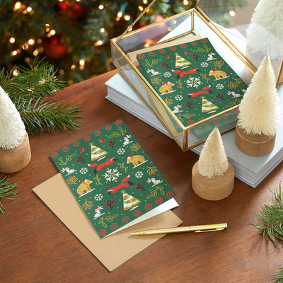 Woodland Animals on Green Boxed Christmas Cards, Pack of 16