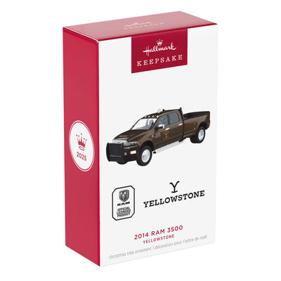 Dark brown 2014 Ram 3500 truck Christmas ornament with Yellowstone rocking-Y logo, inspired by John Dutton’s pickup.
