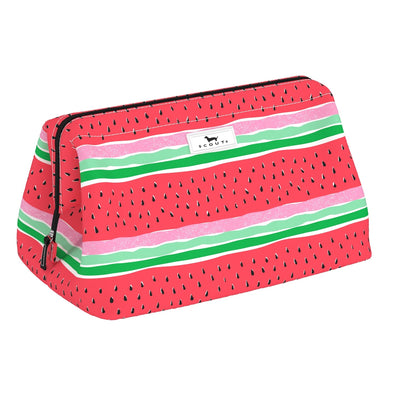 SCOUT Big Mouth makeup bag in Melondramatic print, wide wire-frame opening, three interior pockets, structured, upright, zip closure.