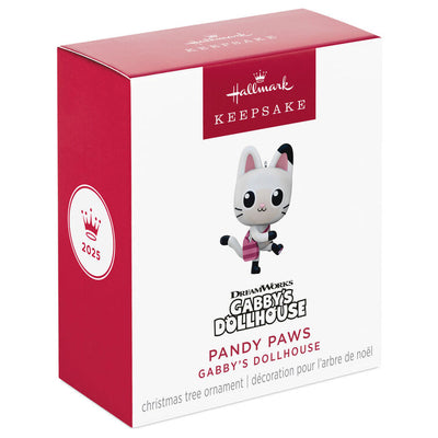 Mini Pandy Paws ornament, black and white cat-panda with striped tail and scarf, Hallmark Gabby’s Dollhouse Christmas collectible