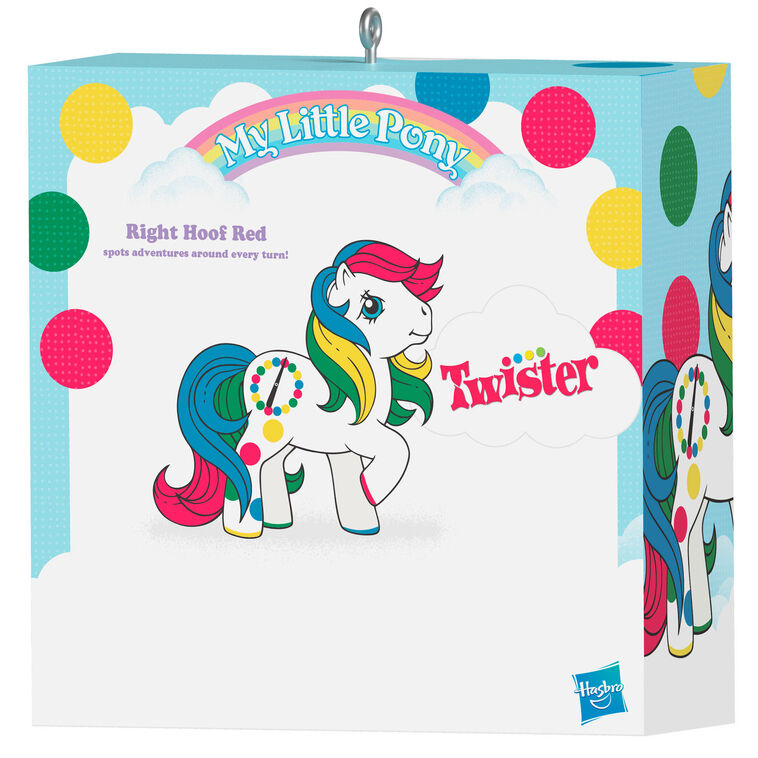 Hallmark Keepsake Hasbro My Little Pony Retro Twister Right Hoof Red ornament, white pony with rainbow mane and Twister spots.