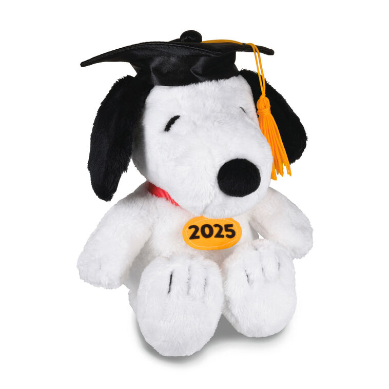 Hallmark Peanuts Snoopy 2025 graduation plush gift card holder wearing a mortarboard with a pocket for cash or gift cards.
