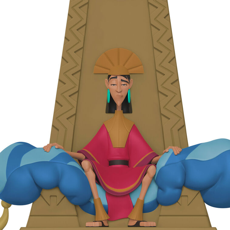 Emperor Kuzco ornament sitting on plush throne from Disney’s The Emperor’s New Groove holiday collection.

