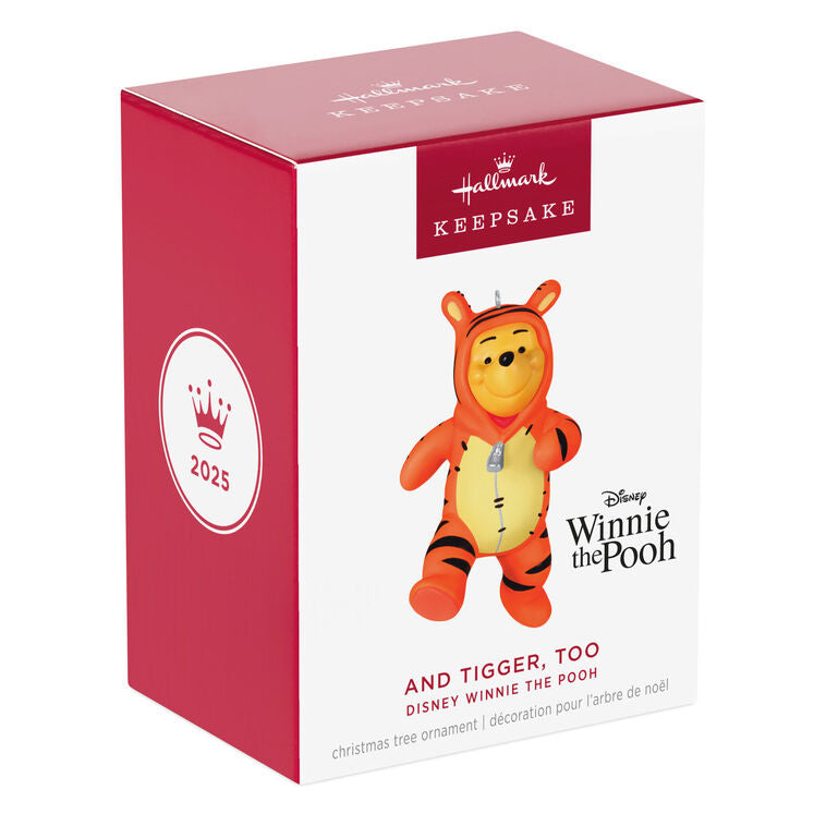 Winnie the Pooh ornament dressed in a striped orange Tigger costume with hood and bouncing pose