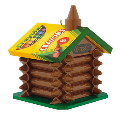 Crayola log cabin ornament made from brown crayons with yellow 8-count box roof, Hallmark Keepsake, holiday decor for kids or teachers.