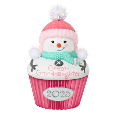 Cupcake-shaped snow-girl ornament with pink hat and green scarf, year-dated 2025 for great-granddaughter Christmas gift

