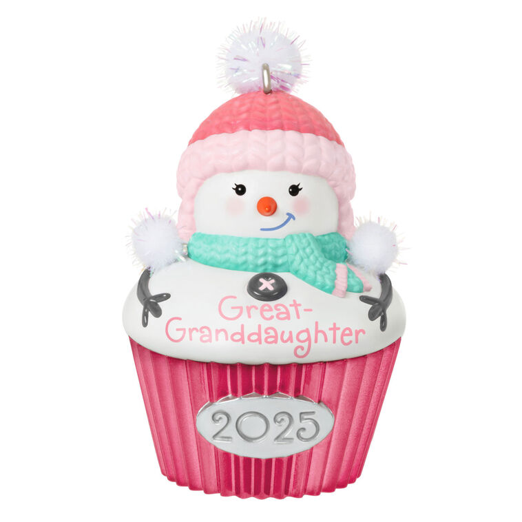 Cupcake-shaped snow-girl ornament with pink hat and green scarf, year-dated 2025 for great-granddaughter Christmas gift

