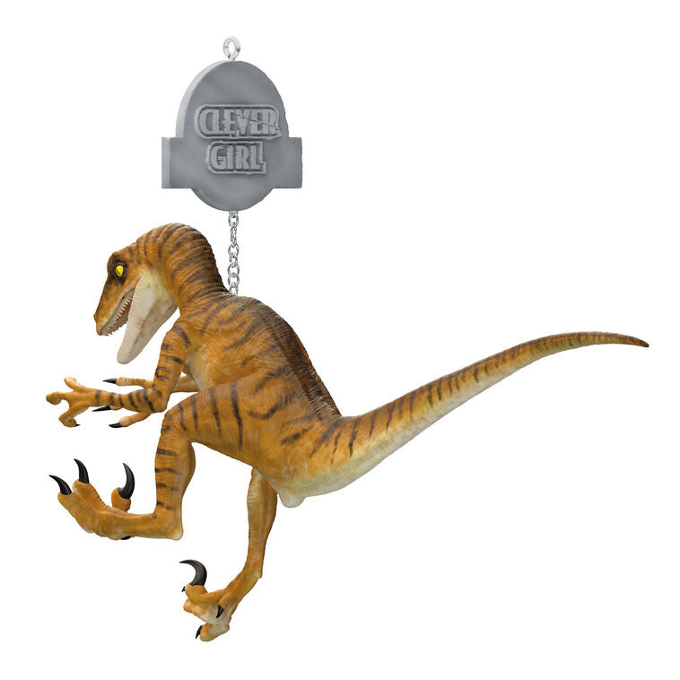 Jurassic Park ornament, Velociraptor mid-leap, “Clever Girl” scene, Hallmark Keepsake, Christmas tree decoration, dinosaur collectible.