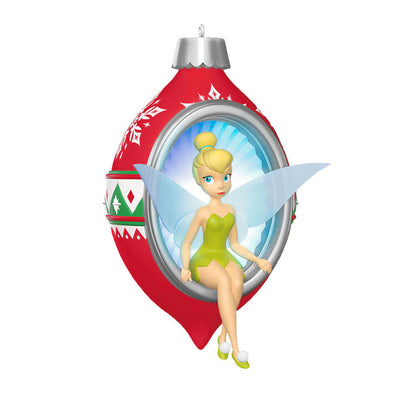 Hallmark Keepsake Disney Tinker Bell Trimming the Tree Ornament with Tink on red and green ornament, lights up with button.