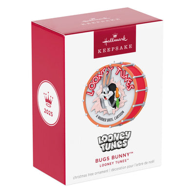 Bugs Bunny Looney Tunes ornament bursting through red drum with carrot in hand, 85th anniversary design
