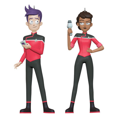 Star Trek Lower Decks ornaments—Beckett Mariner and Bradward Boimler, cartoon crew in red uniforms, Hallmark set of 2
