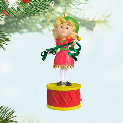 Jovie ornament, Elf movie character in red dress with green scarf, Hallmark Keepsake, Christmas tree decoration, light and sound feature.