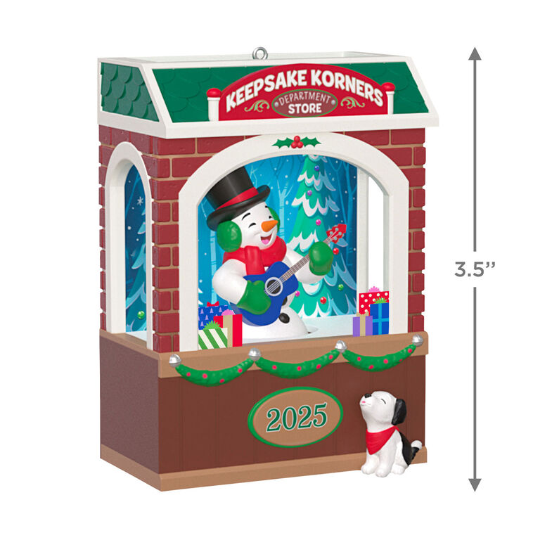 Snowman playing guitar with barking puppy in store window, Hallmark Rockin&