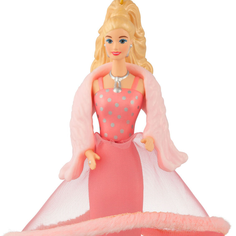 Pink & Pretty Barbie ornament in glamorous pink gown with faux fur trim, inspired by the 1981 doll, Hallmark Keepsake holiday decoration.