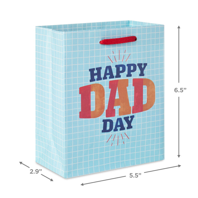Light blue small gift bag with white grid pattern and bold &