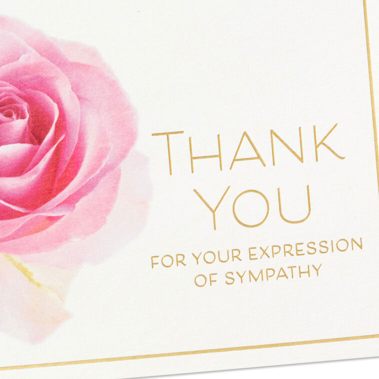 Pink rose sympathy thank-you cards with gold foil accents, packaged in a gray Hallmark box with matching envelopes.