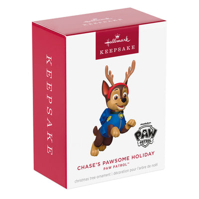 Chase Paw Patrol Christmas ornament in blue uniform with reindeer antlers, Hallmark Keepsake, German shepherd pup holiday decoration.